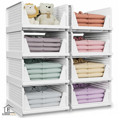 Set 8 Organizatoare Dulap Elindor®, Cutii Depozitare Stivuibile si Pliabile, Organizator pentru Dormitor, Cutie Organizare, Cos Multifunctional, Separator Haine, Paturi, Perne, Pilote, Jucarii, 42.5 × 33.3 × 8.5 cm, Alb