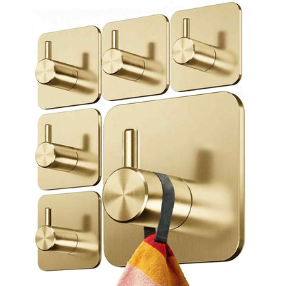 Set 6 Carlige Adezive Elindor® din Otel Inoxidabil, Montare Fara Gaurire, Greutate Mxima Suportata 10 kg, Design patrat si Colturi Rotunjite, Instalare Usoara, Ideal pentru Baie, Bucatarie sau Birou, 4.5 x 4.5 cm, Auriu