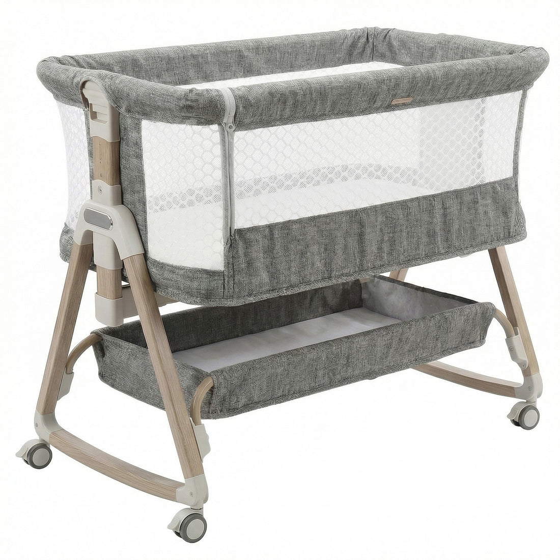 Patut Pliabil Bebelusi Elindor® 3 in 1, Copii 0-12 luni, Leagan Bebe, 6 Trepte de Inaltime Reglabila, Portabil, Plasa Laterala, Roti cu Sistem Blocare, Greutate Maxima 10 kg, Gri