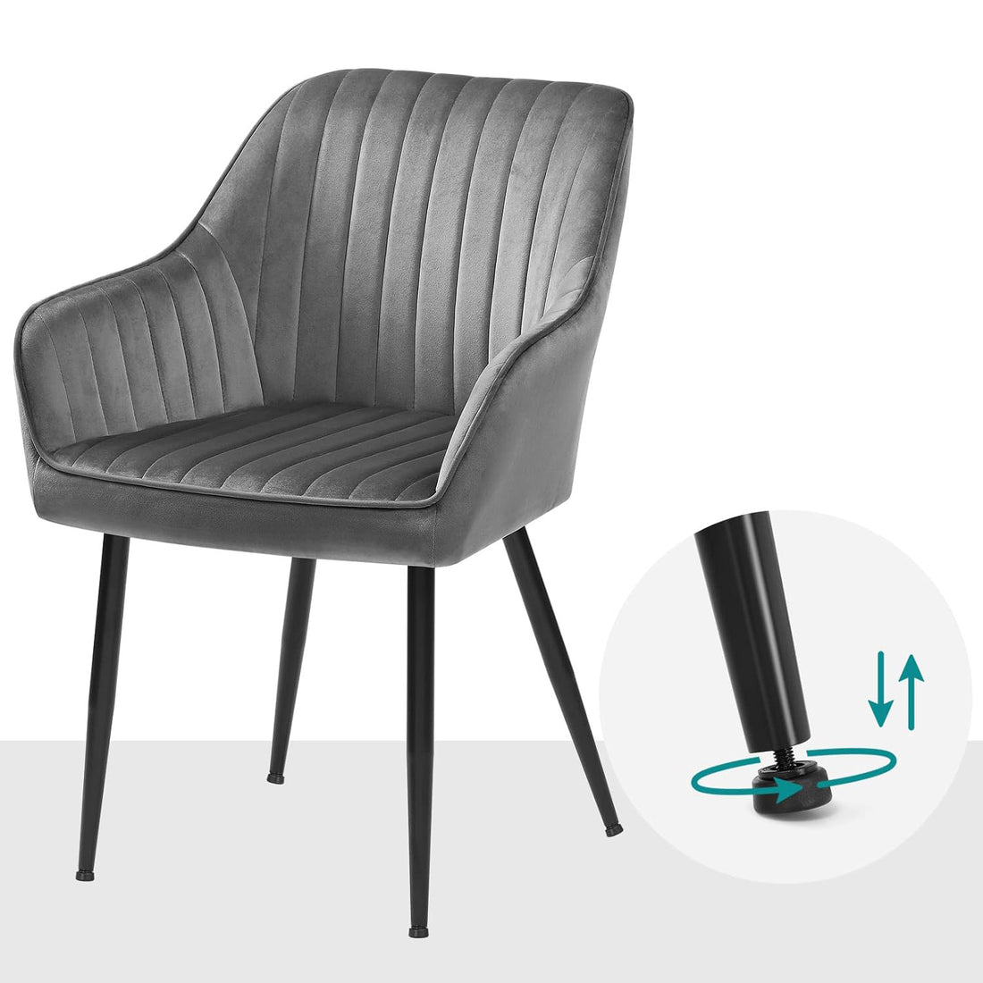 Set 2 Scaune Elindor® Ergonomice, Design Contemporan, Scaun cu Spatar si cu Manere, din Catifea cu Picioare Metalice Negre, Potrivite pentru Living, Bucatarie, Birou, Dormitor, 90x60x45 cm, Gri