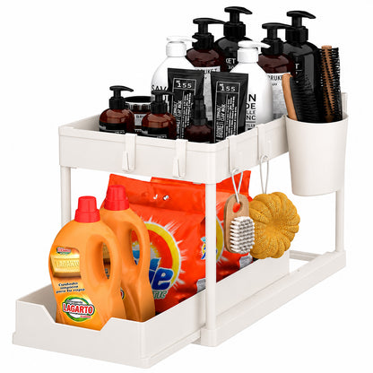 Organizator Multifunctional Elindor® pe 2 Niveluri, Sertar Glisant Organizare, pe Blat sau in Dulap sub Chiuveta, 16 Carlige, pentru Bucatarie, Baie, Camara, Bar, Raft cu Sertare Depozitare Legume, Detergenti, Parfumuri, 39.5x21.6x39 cm, Alb