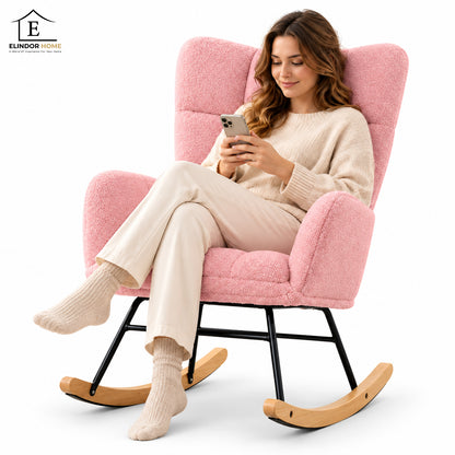Fotoliu Balansoar Elindor® cu Spatar, Ergonomic, Cadru Solid din Otel, Ideal pentru Living, Dormitor, Camera Copilului, 68 x 88 x 93 cm, Roz