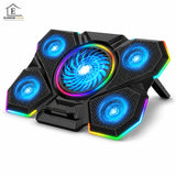 Cooler Laptop Gaming RGB Elindor® Suport cu Unghi Reglabil pe 7 Nivele, Viteza Ajustabila, Dimensiuni Compatabile 12-17 Inch, 5 Ventilatoare Puternice si Silentioase, 2 Porturi USB, pentru Birou, Calatorii, 40.6 x 27.5 x 2.9 cm, Negru