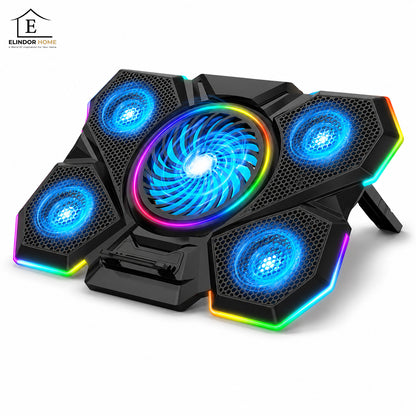 Cooler Laptop Gaming RGB Elindor® Suport cu Unghi Reglabil pe 7 Nivele, Viteza Ajustabila, Dimensiuni Compatabile 12-17 Inch, 5 Ventilatoare Puternice si Silentioase, 2 Porturi USB, pentru Birou, Calatorii, 40.6 x 27.5 x 2.9 cm, Negru