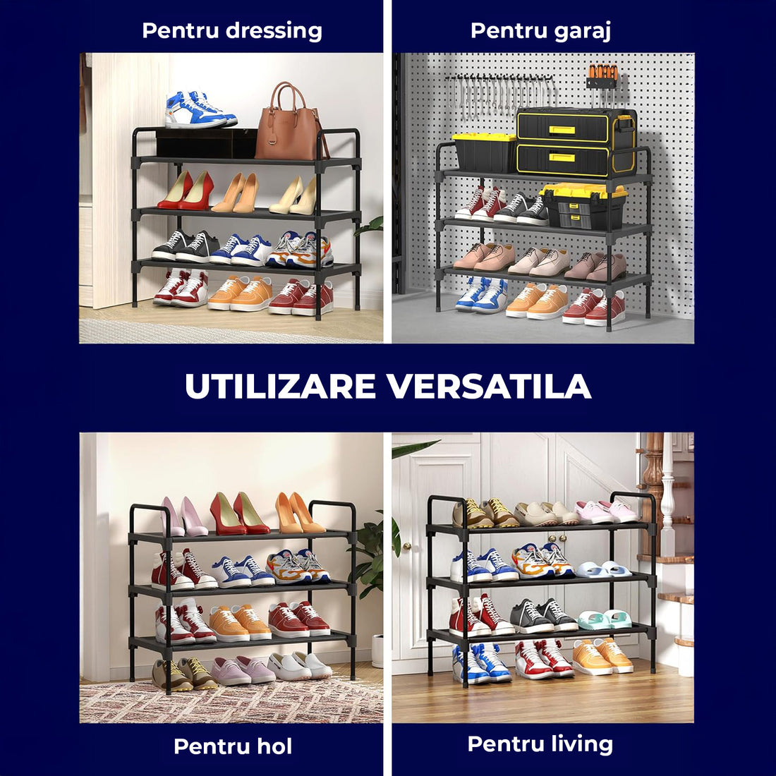 Organizator pentru Pantofi Elindor® Pantofar cu 3 Nivele Mari, Fara Gauri, Suport Metalic pentru Papuci, Dulap Hol, Dormitor, Economisire Spatiu, Depozitare Incaltaminte, 70 × 30 × 57 cm, Negru