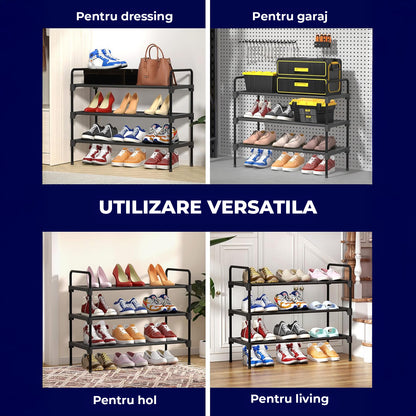 Organizator pentru Pantofi Elindor® Pantofar cu 3 Nivele Mari, Fara Gauri, Suport Metalic pentru Papuci, Dulap Hol, Dormitor, Economisire Spatiu, Depozitare Incaltaminte, 70 × 30 × 57 cm, Negru