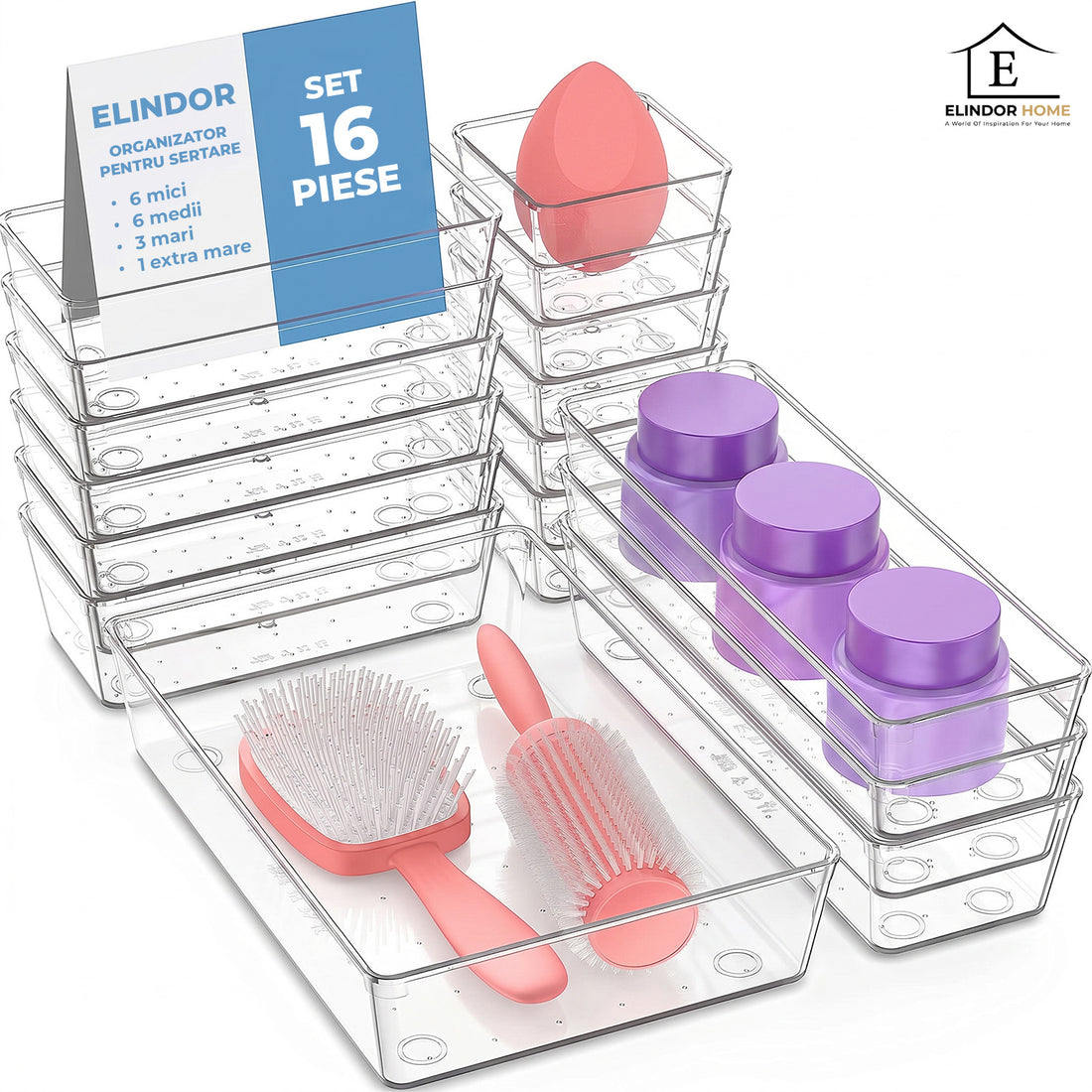 Set 16 Cutii Depozitare Elindor® Organizator pentru Bucatarie si Baie, 4 Marimi, Organizatoare Dulap si Sertare, Cutie pentru Sertar, Frigider, Camara, Baie, Bar, Birou, Cos Multifunctional, Separator Fructe, Legume, Creme, Parfumuri, PP