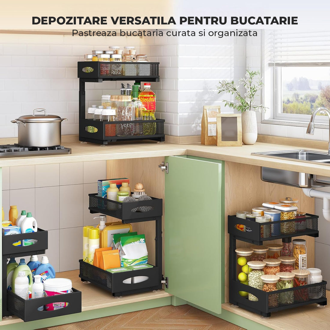 Organizator cu Sertare Glisante Elindor® pe 2 Nivele pentru Dulap, sub Chiuveta, Raft cu Sertar pentru Camara, Organizare Bucatarie, Baie si Birou, Sistem Glisant si Antialunecare, Accesorii Depozitare, Multifunctional, Organizatoare pentru Casa, Negru