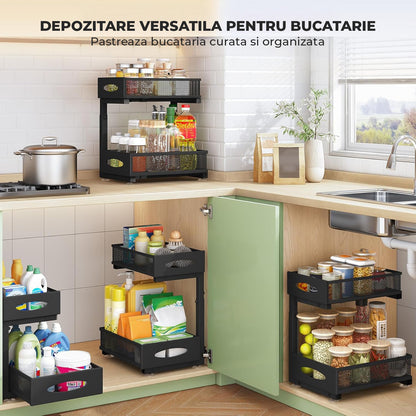 Organizator cu Sertare Glisante Elindor® pe 2 Nivele pentru Dulap, sub Chiuveta, Raft cu Sertar pentru Camara, Organizare Bucatarie, Baie si Birou, Sistem Glisant si Antialunecare, Accesorii Depozitare, Multifunctional, Organizatoare pentru Casa, Negru