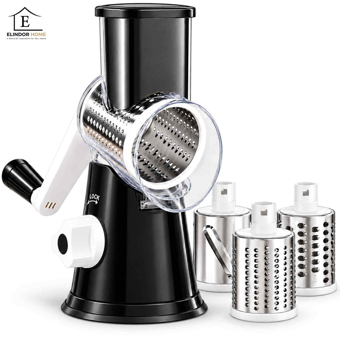 Razatoare Rotativa 3 in 1 Elindor® cu Maner, Lame din Otel Inoxidabil, Tocator Legume, Razatoare Branza, Morcovi, Varza, Ustensila de Bucatarie, Design Compact, Multifunctional, Negru