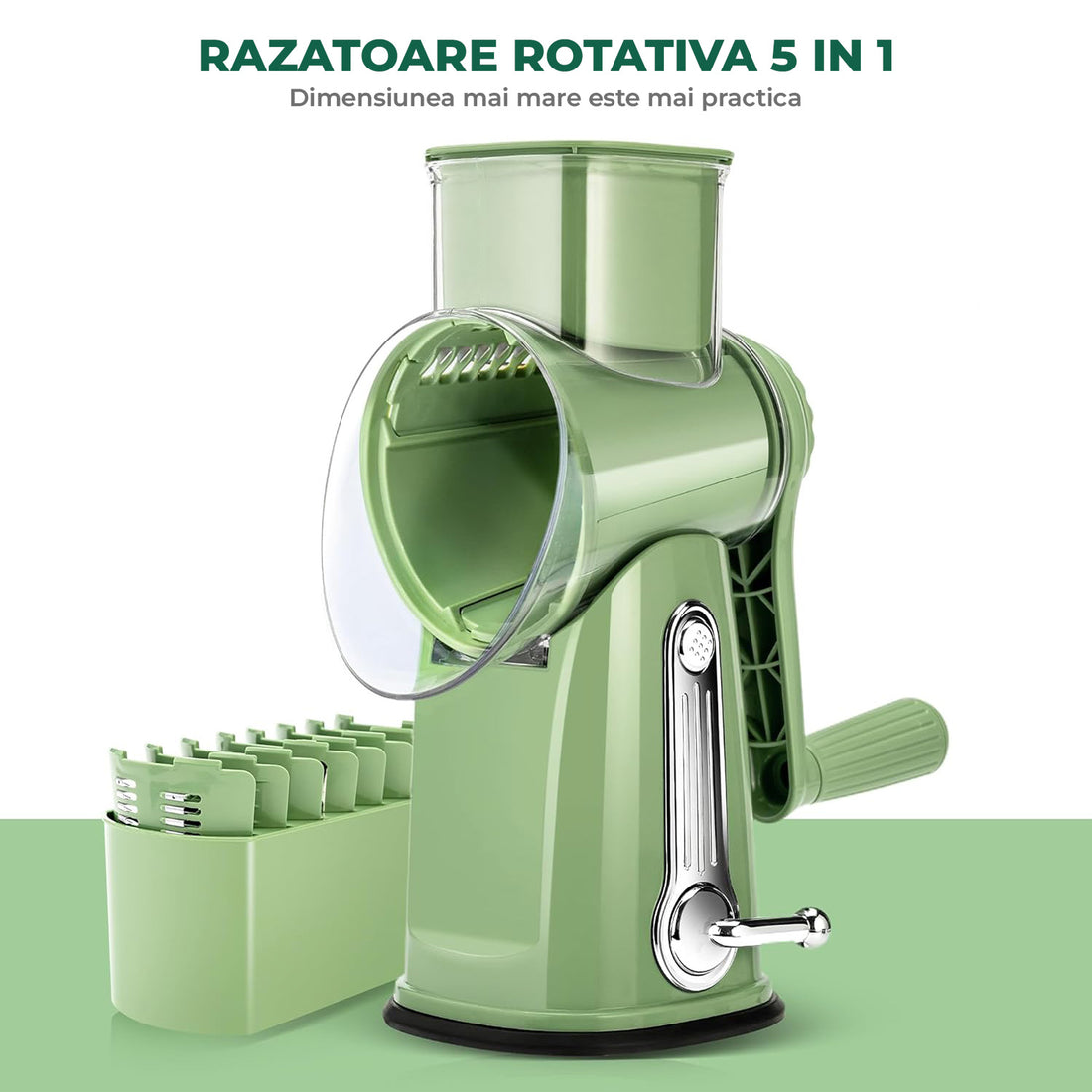 Razatoare Rotativa 5 in 1 Elindor® cu Maner, Lame din Otel Inoxidabil, Tocator Legume, Razatoare Branza, Nuci, Morcovi, Varza, Ustensila de Bucatarie, Design Compact, Multifunctional, Verde