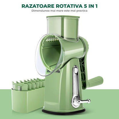 Razatoare Rotativa 5 in 1 Elindor® cu Maner, Lame din Otel Inoxidabil, Tocator Legume, Razatoare Branza, Nuci, Morcovi, Varza, Ustensila de Bucatarie, Design Compact, Multifunctional, Verde