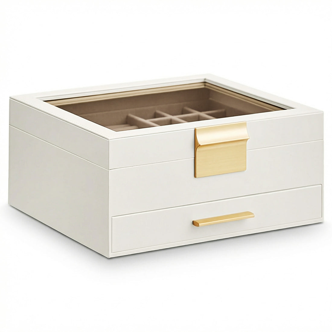 Cutie de Bijuterii Elindor® cu Capac, Organizator 2 Niveluri, 1x Sertar, Spatiu de Depozitare Inel, Verighete, Lantisoare, Bratari, Cercei, Caseta din Material Catifelat, Design Rafinat, Simplu si Elegant, Piele Ecologica, 22.3 x 23.1 x 10.4 cm, Alb/Auriu