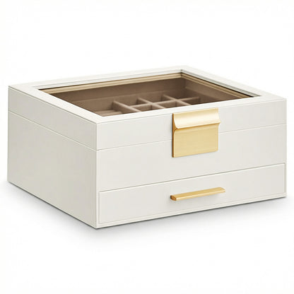 Cutie de Bijuterii Elindor® cu Capac, Organizator 2 Niveluri, 1x Sertar, Spatiu de Depozitare Inel, Verighete, Lantisoare, Bratari, Cercei, Caseta din Material Catifelat, Design Rafinat, Simplu si Elegant, Piele Ecologica, 22.3 x 23.1 x 10.4 cm, Alb/Auriu