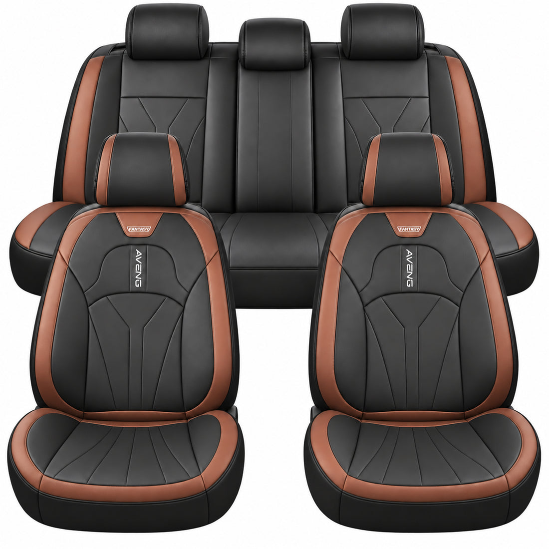 Set 5 Huse Scaune de Masina Elindor®, Huse Auto Piele, Impermeabile, Universale, Protectie Scaun Fata si Spate, Montaj Rapid, Accesorii Masina Interior, Negru / Maro