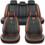 Set 5 Huse Scaune de Masina Elindor®, Huse Auto Piele, Impermeabile, Universale, Protectie Scaun Fata si Spate, Montaj Rapid, Accesorii Masina Interior, Negru / Maro