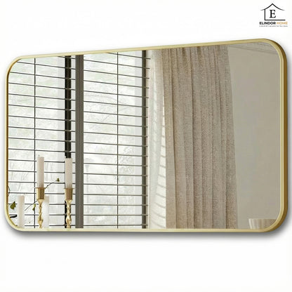 Oglinda Decorativa Elindor® 122x75cm Rama Aurie, Agatare pe Perete sau Sprijinita, Dreptunghiulara, Colturi Rotunjite, Moderna si Eleganta, Reflexie HD, Sticla fara Distorsiuni, Ideala pentru Dormitor, Living, Birou, Dressing, Hol, Baie