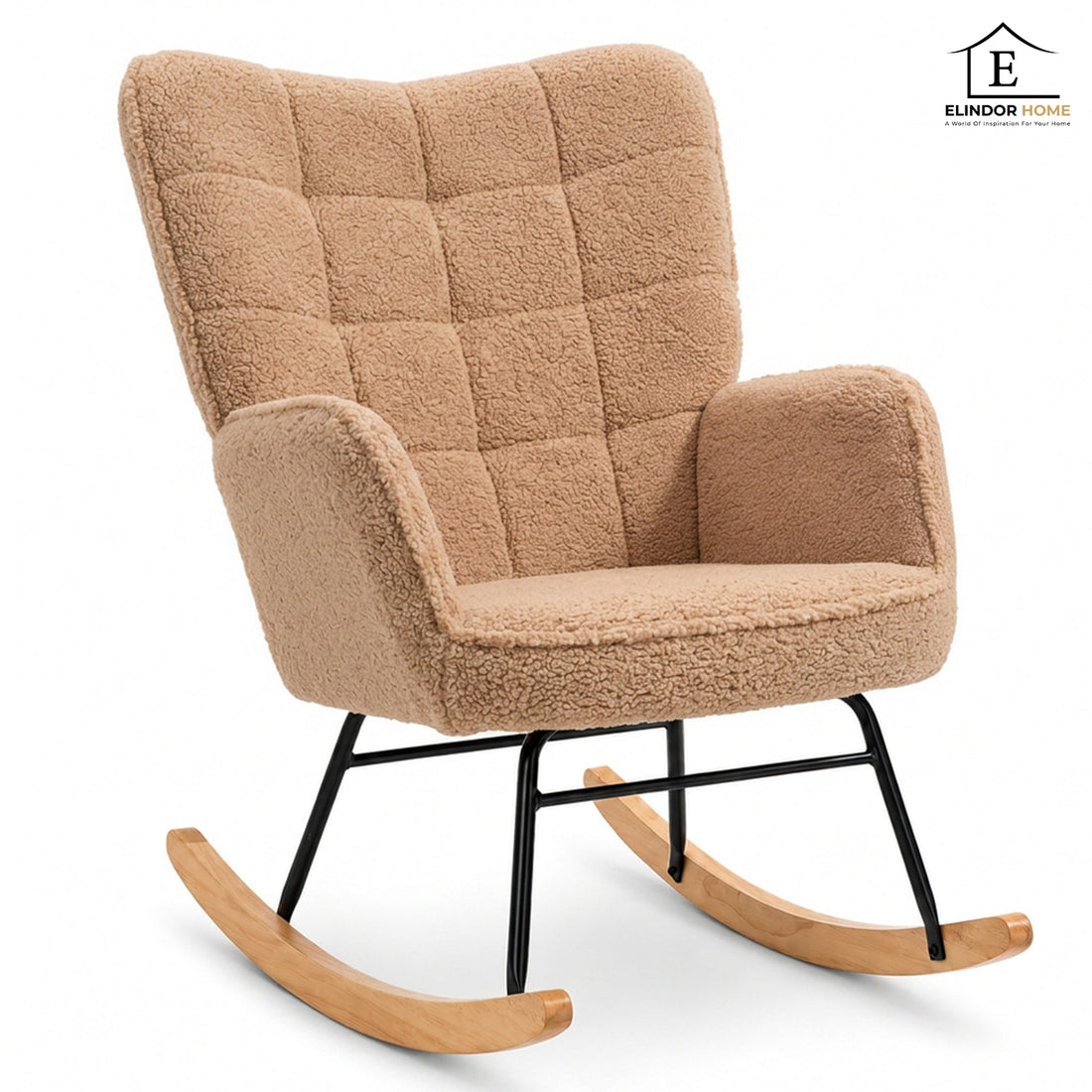 Fotoliu Balansoar Elindor® cu Spatar Inalt, Pufos, Ergonomic, Cadru Solid din Otel si Lemn, Suporta 120 kg, Ideal pentru Camera Copilului, Living sau Dormitor, 101 × 98× 71 cm, Maro