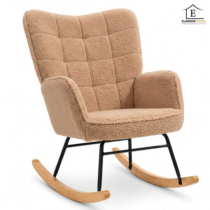 Fotoliu Balansoar Elindor® cu Spatar Inalt, Pufos, Ergonomic, Cadru Solid din Otel si Lemn, Suporta 120 kg, Ideal pentru Camera Copilului, Living sau Dormitor, 101 × 98× 71 cm, Maro