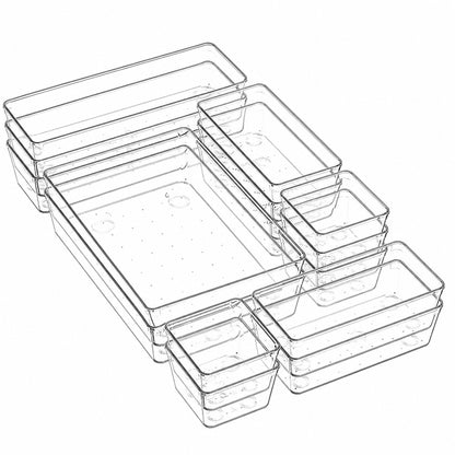 Set 15 Cutii Depozitare Elindor® Organizator pentru Bucatarie si Baie, 4 Marimi, Organizatoare Dulap si Sertare, Cutie pentru Sertar, Frigider, Camara, Baie, Bar, Birou, Cos Multifunctional, Separator Fructe, Legume, Creme, Parfumuri, PP