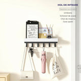 Suport pentru Chei din Lemn Elindor® pentru Perete, cu 6 Carlige, Maontare cu Adeziv sau Suruburi, Compact si Durabil, pentru Hol, Sufragerie, Bucatariei, Dormitor, 25 x 6 x 6 cm, Alb