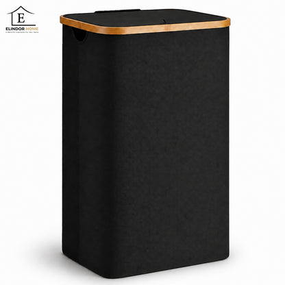 Cos de Rufe Elindor® Pliabil si Impermeabil, Lavabil, Cadru din Bambus, cu Capac si Sac de Haine Murdare Detasabil, Recipient Sortare Dreptunghiular de 100 L, Ideal pentru Baie Casa sau Hotel, 74 x 41 x 33 cm, Material Textil, Negru