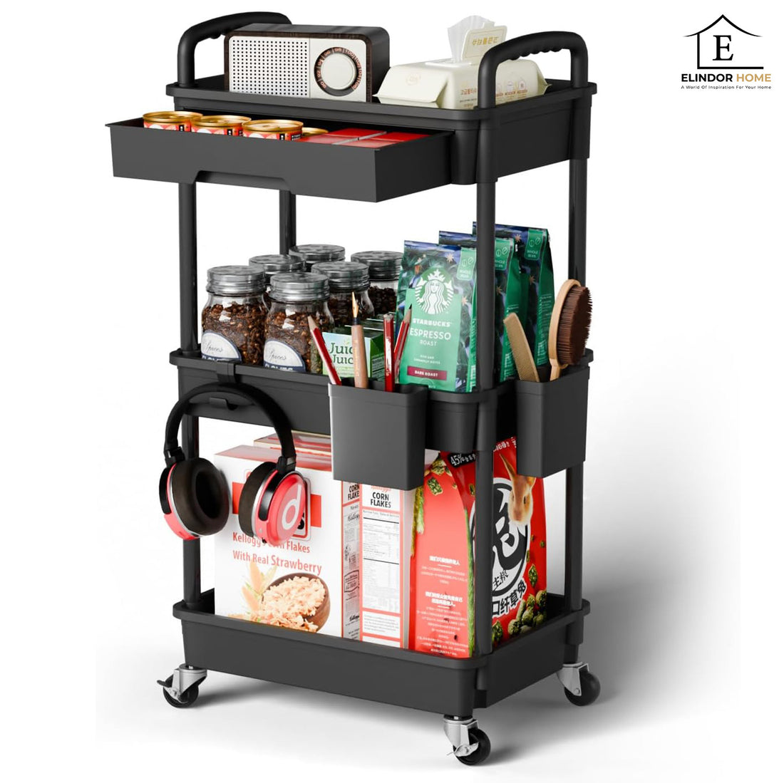 Carucior Organizator 3 Niveluri Elindor®, cu 1 Sertar si Roti 360°, Organizator Bucatarie, Multifunctional, Raft Mobil Organizare Baie, Camara, Birou, Bar,38 x 27 × 74 cm, Negru