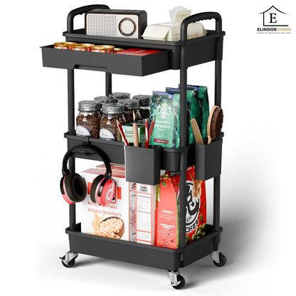 Carucior Organizator 3 Niveluri Elindor®, cu 1 Sertar si Roti 360°, Organizator Bucatarie, Multifunctional, Raft Mobil Organizare Baie, Camara, Birou, Bar,38 x 27 × 74 cm, Negru