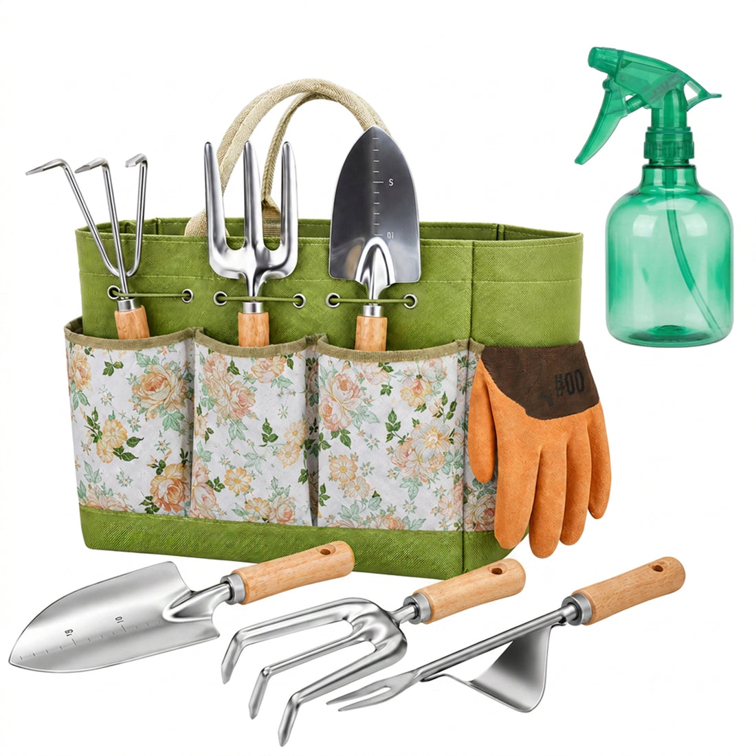 Set 8 Accesorii Elindor® pentru Gradinarit, Instrumente din Otel Inoxidabil, cu Maner Ergonomic din Lemn de Fag, Geanta de Gradina cu Maner si 5 Buzunare, Model Floral, Manusi Protectie, Grebla, Lopatica, Sticla Pulverizare, Cleste, Accesorii Plante