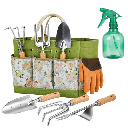 Set 8 Accesorii Elindor® pentru Gradinarit, Instrumente din Otel Inoxidabil, cu Maner Ergonomic din Lemn de Fag, Geanta de Gradina cu Maner si 5 Buzunare, Model Floral, Manusi Protectie, Grebla, Lopatica, Sticla Pulverizare, Cleste, Accesorii Plante