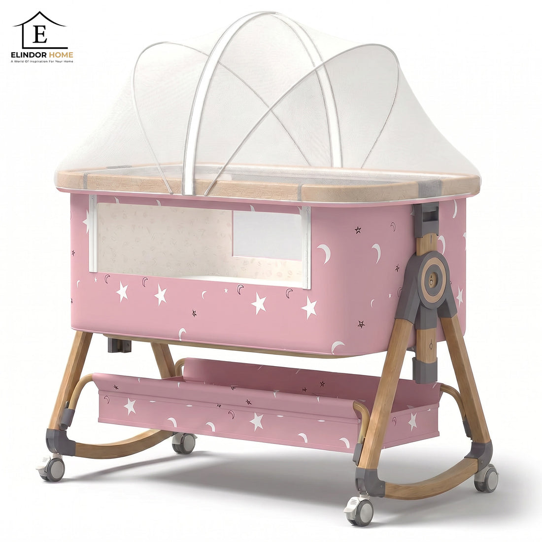 Patut Pliabil Bebelusi Elindo® 3 in 1, Copii 0-6 luni, Leagan Bebe pe 6 Nivele de Inaltime, Cos Depozitare, Portabil, Plasa Laterala, Roti cu Sistem Blocare, Saltea Integrata, Greutate Maxima 9-12 kg, Model cu Stele, Roz