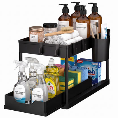 Organizator Multifunctional Elindor® pe 2 Nivele, Sertar Glisant Organizare, pe Blat sau in Dulap sub Chiuveta, 16 Carlige, Suport Plastic, pentru Bucatarie, Baie, Camara, Bar, Raft cu Sertare Depozitare Legume, Detergenti, Parfumuri, 39.5x21.6x39, Negru
