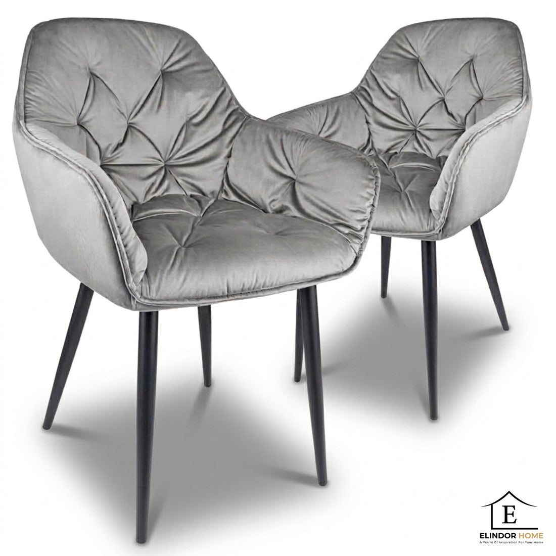 Set 2 Scaune Elindor® Ergonomice, Design Contemporan, Scaun cu Spatar si cu Manere, din Catifea cu Picioare Metalice Negre, Potrivite pentru Living, Bucatarie, Birou, Dormitor, Latime Sezut 55 cm, Gri