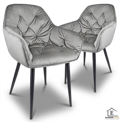 Set 2 Scaune Elindor® Ergonomice, Design Contemporan, Scaun cu Spatar si cu Manere, din Catifea cu Picioare Metalice Negre, Potrivite pentru Living, Bucatarie, Birou, Dormitor, Latime Sezut 55 cm, Gri