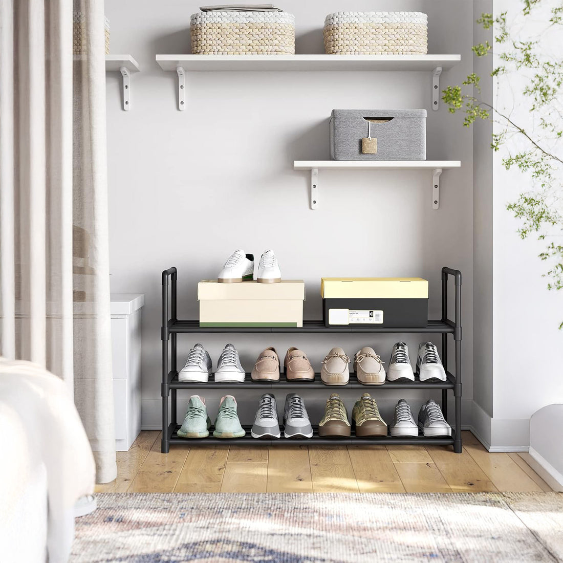 Organizator pentru Pantofi Elindor® Pantofar cu 3 Nivele Mari, Fara Gauri, Suport Metalic pentru Papuci, Dulap Hol, Dormitor, Economisire Spatiu, Depozitare Incaltaminte, 30 × 92 × 55 cm, Negru