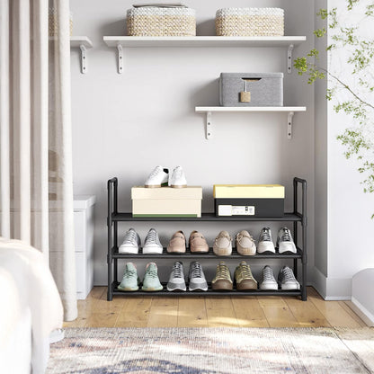 Organizator pentru Pantofi Elindor® Pantofar cu 3 Nivele Mari, Fara Gauri, Suport Metalic pentru Papuci, Dulap Hol, Dormitor, Economisire Spatiu, Depozitare Incaltaminte, 30 × 92 × 55 cm, Negru