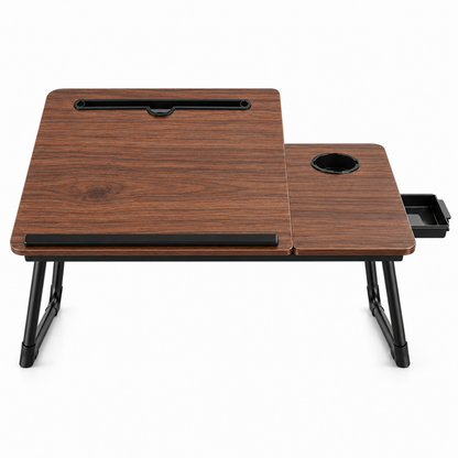 Masa Pliabila pentru Laptop Elindor® cu Suport Pahar, Antiderapanta, Unghiuri de Inclinare, Usor de Depozitat, Birou Portabil Utilizare in Orice Loc, Ideala la Munca sau Mic Dejun la Pat, Maro / Negru