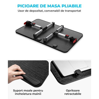 Masa Pliabila pentru Laptop Elindor® Antiderapanta, 4 Unghiuri de Inclinare, 5 Niveluri Inaltime, Birou Portabil Utilizare in Orice Loc, Ideala la Munca sau Mic Dejun la Pat, 60 × 33 × 24 cm, Negru