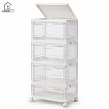 Organizator 4 Nivele Elindor® Carucior cu Roti, Modular, Ajustabil, Raft Mobil Organizare Baie, Camara, Birou, Bar, Dulap pentru Depozitare Legume, Fructe, Detergenti, Parfumuri, Haine, 4x Cutie Detasabila, 38 x 27 x 84 cm, Transparent