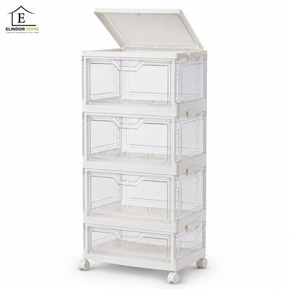 Organizator 4 Nivele Elindor® Carucior cu Roti, Modular, Ajustabil, Raft Mobil Organizare Baie, Camara, Birou, Bar, Dulap pentru Depozitare Legume, Fructe, Detergenti, Parfumuri, Haine, 4x Cutie Detasabila, 38 x 27 x 84 cm, Transparent