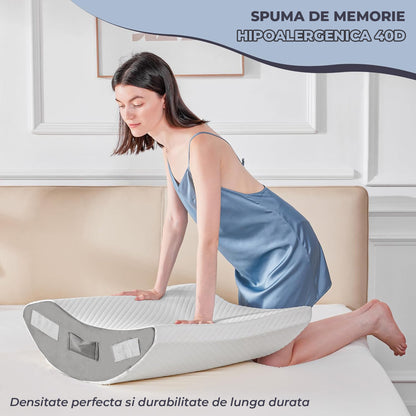 Perna Ortopedica Triunghiulara Elindor® pentru Pat, Perna din Spuma cu Memorie, Set 4 Piese, Suport Spate, Cap, Post-Operator, Anti-Reflux, Antisforait, Antirid, Husa Detasabila cu Fermoar, Reglabil cu Velcro, 57 x 57 cm, Alb / Gri