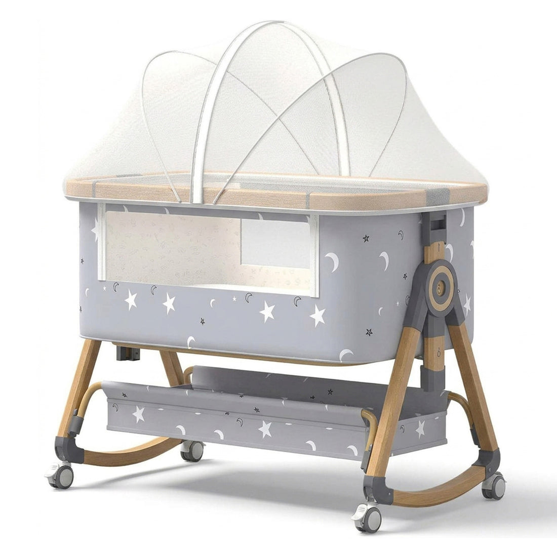 Patut Pliabil Bebelusi Elindo® 3 in 1, Copii 0-6 luni, Leagan Bebe pe 6 Nivele de Inaltime, Cos Depozitare, Portabil, Plasa Laterala, Roti cu Sistem Blocare, Saltea Integrata, Greutate Maxima 9-12 kg, Model cu Stele, Gri