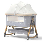 Patut Pliabil Bebelusi Elindo® 3 in 1, Copii 0-6 luni, Leagan Bebe pe 6 Nivele de Inaltime, Cos Depozitare, Portabil, Plasa Laterala, Roti cu Sistem Blocare, Saltea Integrata, Greutate Maxima 9-12 kg, Model cu Stele, Gri
