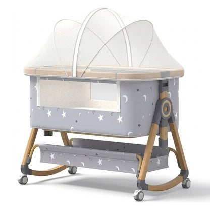 Patut Pliabil Bebelusi Elindo® 3 in 1, Copii 0-6 luni, Leagan Bebe pe 6 Nivele de Inaltime, Cos Depozitare, Portabil, Plasa Laterala, Roti cu Sistem Blocare, Saltea Integrata, Greutate Maxima 9-12 kg, Model cu Stele, Gri