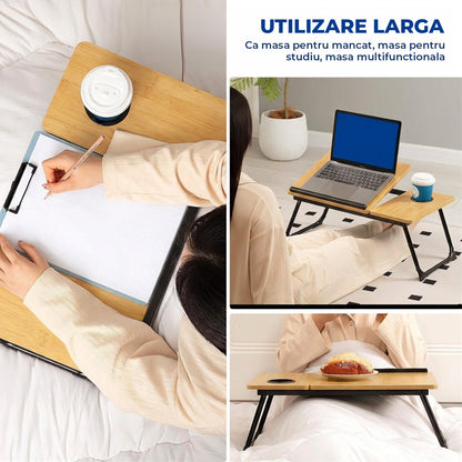 Masa Pliabila pentru Laptop Elindor® Suport Inaltime Reglabila 5 Trepte, Unghi Ajustabil, Antiderapanta, Usor de Depozitat, Birou Portabil cu Suport pentru Pahar si Mouse, Utilizare in Orice Loc, Ideala la Munca sau Mic Dejun la Pat, Bej