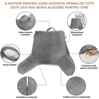 Perna Ortopedica de Citit Elindor® pentru Pat, Perna din Spuma Memorie, Suport Spate, Cap, Brate, Post-Operator, Anti-Reflux, Antisforait, Antirid, 65 × 46 × 28 cm, Gri