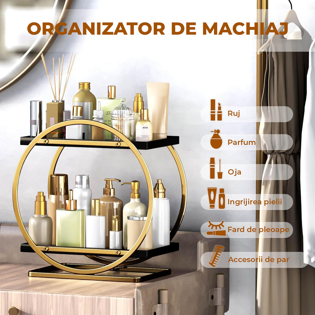 Organizator Cosmetice 2 Niveluri Elindor®, Suport Parfum si Skincare, Raft de Dus Baie, Etajera Depozitare, Accesorii Universale, 28 × 15 × 29 cm, Negru / Auriu