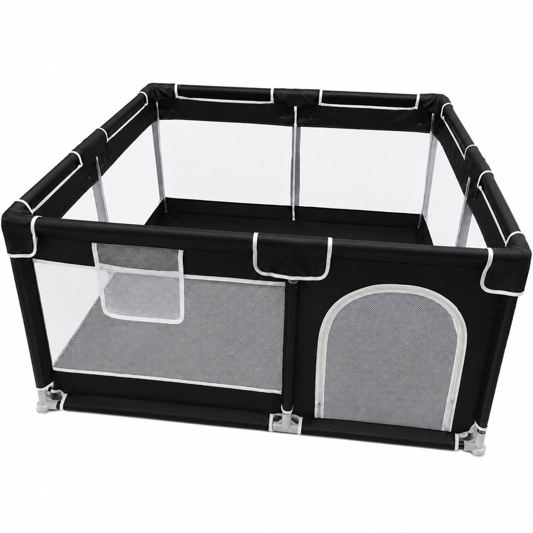Tarc de Joaca pentru Bebelusi si Copii Elindor® cu Husa Groasa din Spuma, Spatiul Sigur de Joaca, Plasa de Protectie, Include Usa cu Fermoar, Materiale Eco-Friendly și Non-Toxice, Varsta 0-5 ani, 150 x 150 x 65 cm, Negru