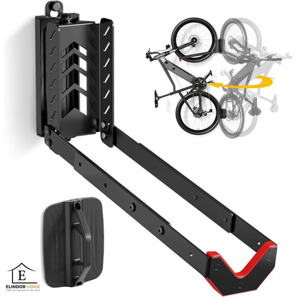 Suport Bicicleta de Perete Elindor®, Suport Vertical pentru Depozitare Bicicleta cu Rotire 120°, Baza Metalica din Otel Carbon, Reglaj 3 Trepte, Suporta pana la 35 kg, 43.8 × 11.8 × 30.7 cm, Negru