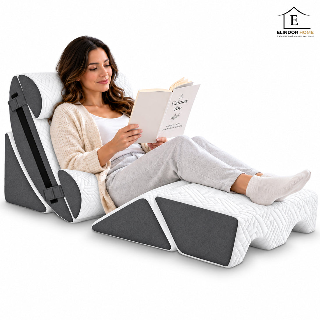 Set 6 Perne Ortopedice Elindor® Wedge pentru Pat, Perna Spuma cu Memorie, Hipoalergenica, Suport Spate, Picioare, Genunchi, Post-Operator, Anti-Reflux, Antisforait, Antirid, Pliabile, Huse Bumbac Aspect Catifea, Reglabile 60 cm, Alb/Gri
